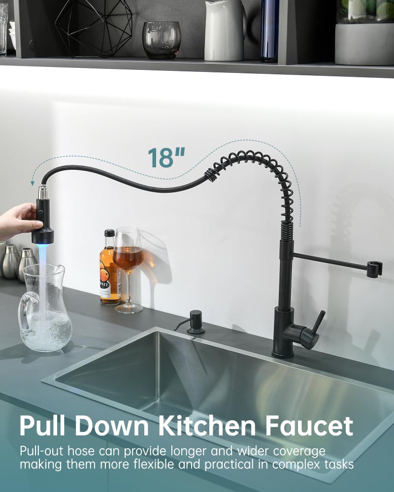 GIMILI Matte Black LED Kitchen Faucet with Soap Dispenser, Modern Single Handle Spring Kitchen Sink Faucets with Pull Down Sprayer - Image 4